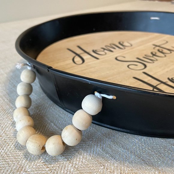 "Home Sweet Home" decorative black serving tray, Boho beaded handles organizer - Picture 1 of 6